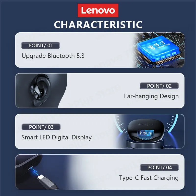 Lenovo LP75: Auriculares Inalámbricos Bluetooth 5.3 TWS Deportivos con Pantalla LED Digital, Sonido Estéreo HiFi y Reducción de Ruido para Juegos